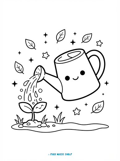 Printable toddler garden coloring page featuring a happy smiling watering can pouring water onto a cute little plant sprout with thick black outlines.
