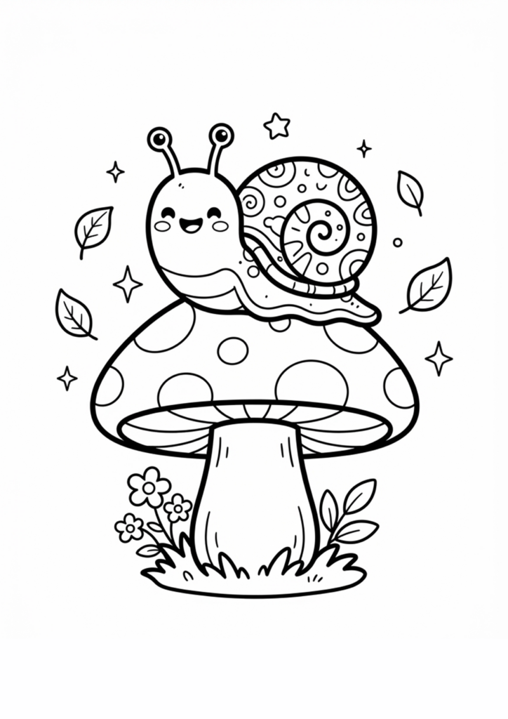 Printable toddler woodland animal coloring page featuring a happy smiling snail with a patterned shell resting on a giant spotted mushroom, surrounded by floating leaves and stars.