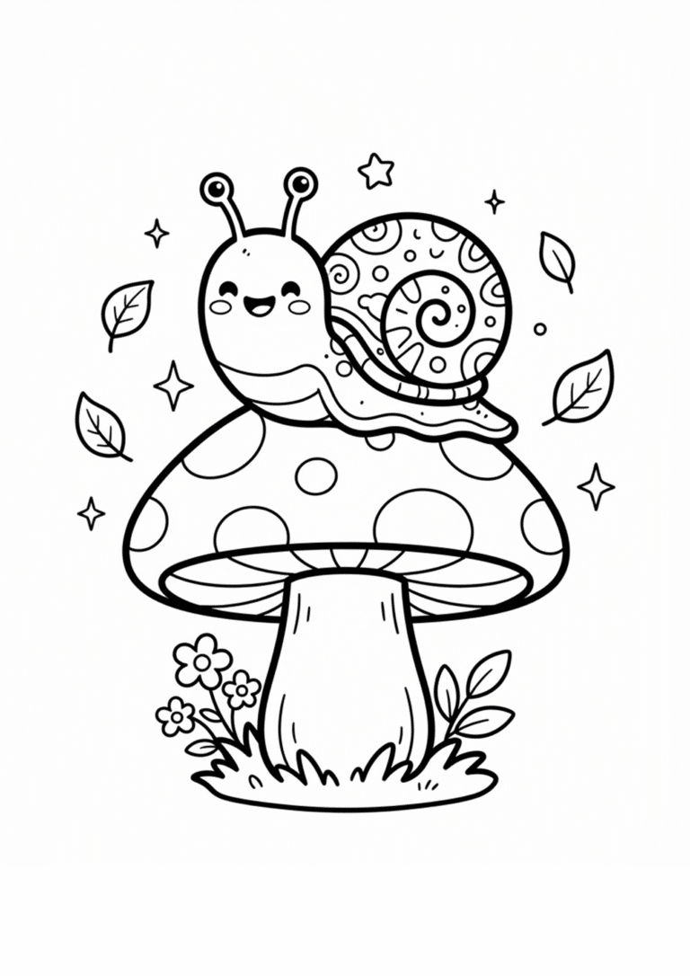 Printable toddler woodland animal coloring page featuring a happy smiling snail with a patterned shell resting on a giant spotted mushroom, surrounded by floating leaves and stars.