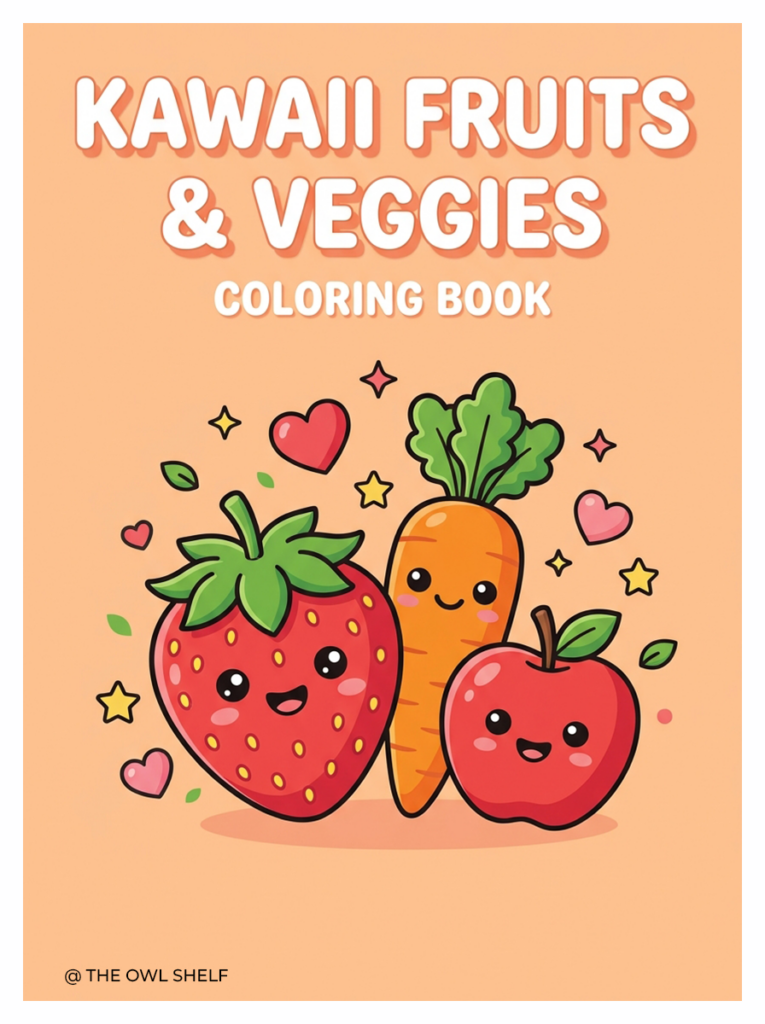 Printable fruit and vegetable coloring book cover featuring a cute smiling strawberry, carrot, and apple on a pastel melon background