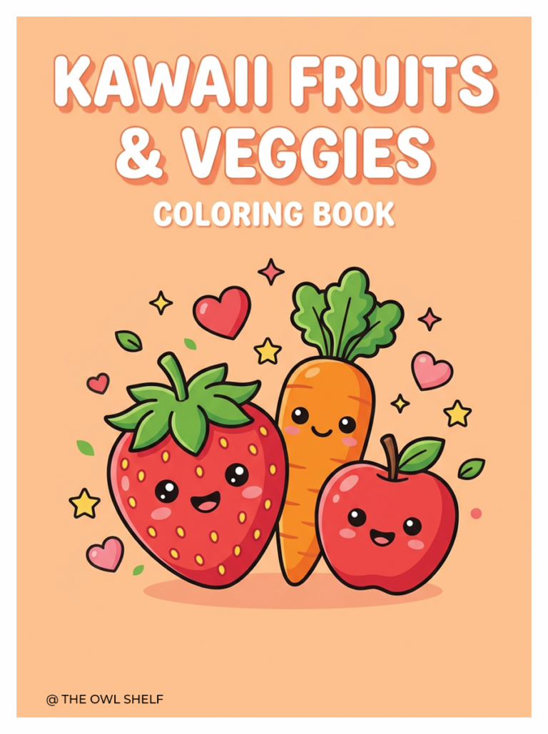 Printable fruit and vegetable coloring book cover featuring a cute smiling strawberry, carrot, and apple on a pastel melon background