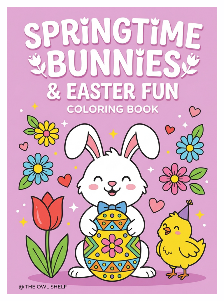 Printable Easter coloring book cover featuring a cute bunny holding an Easter egg, a baby chick, and a tulip on a pastel lavender-pink background.
